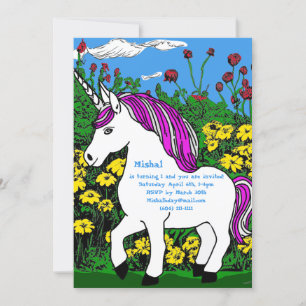 Whimsical White Purple Birthday Unicorn Invitation