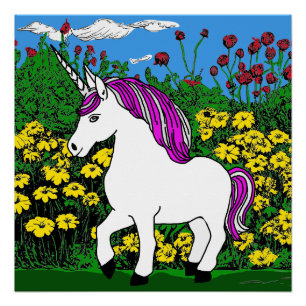 Whimsical White Purple Birthday Unicorn Poster