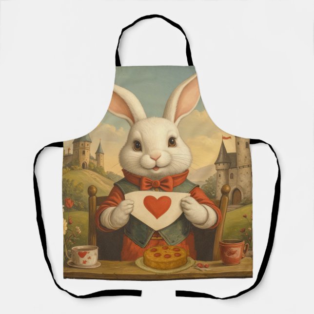 Whimsical White Rabbit Hearts Enchanted Wonderland Apron (Front)