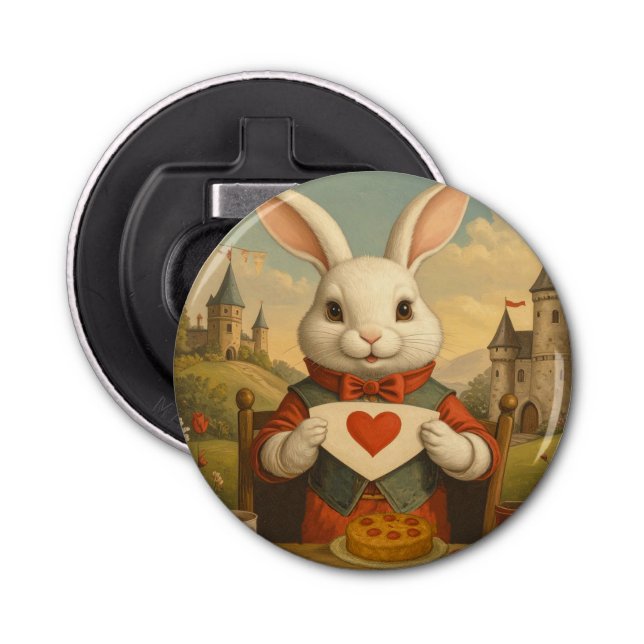 Whimsical White Rabbit Hearts Enchanted Wonderland Bottle Opener (Front)