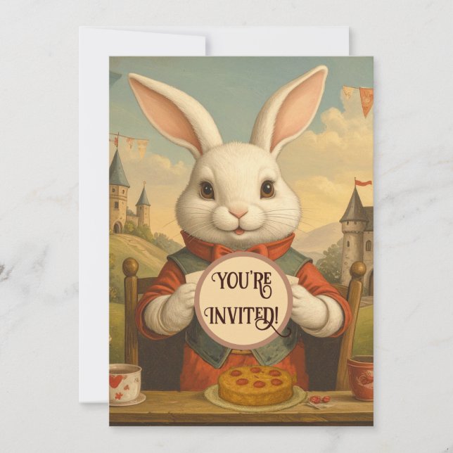 Whimsical White Rabbit Hearts Enchanted Wonderland Invitation (Front)