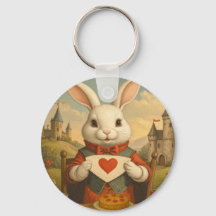 Whimsical White Rabbit Hearts Enchanted Wonderland Key Ring