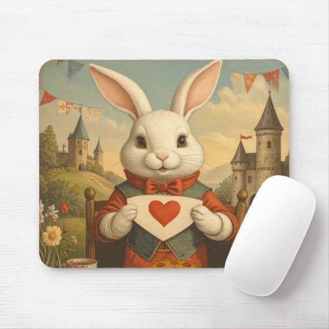Whimsical White Rabbit Hearts Enchanted Wonderland Mouse Mat (With Mouse)