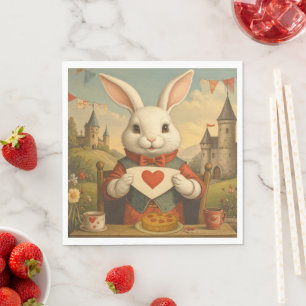 Whimsical White Rabbit Hearts Enchanted Wonderland Napkin
