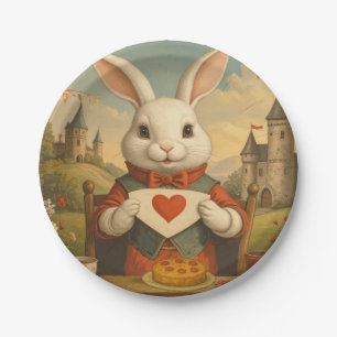 Whimsical White Rabbit Hearts Enchanted Wonderland Paper Plate