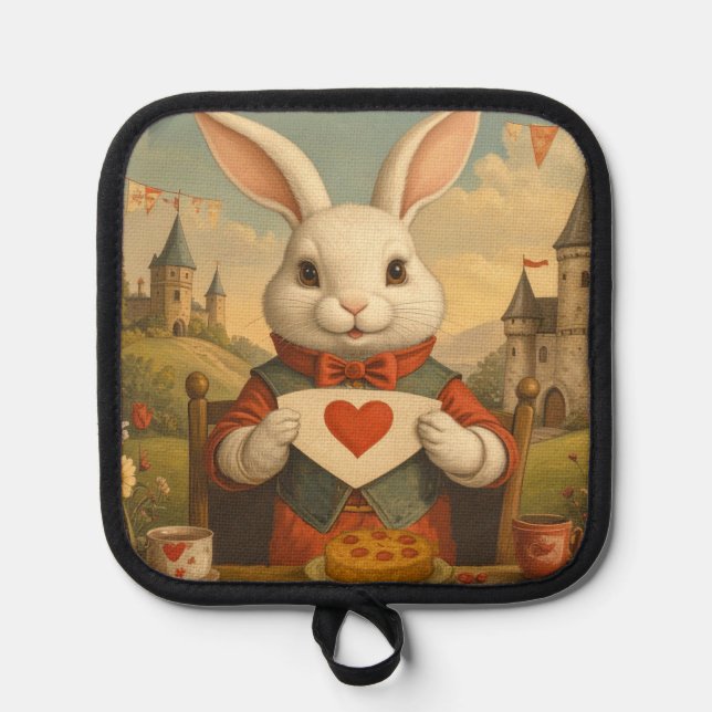 Whimsical White Rabbit Hearts Enchanted Wonderland Pot Holder (Front)