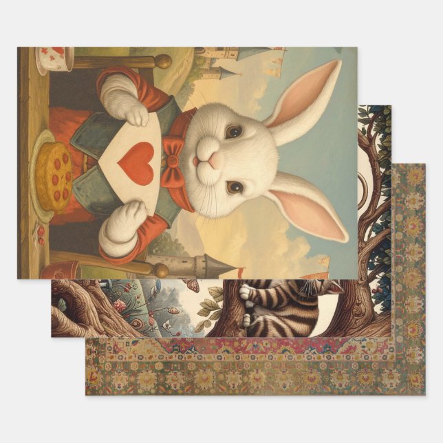 Whimsical White Rabbit Hearts Enchanted Wonderland Wrapping Paper Sheet (Set)