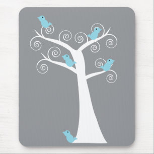 Whimsical White Spiral Tree with Blue Birds Grey Mouse Mat