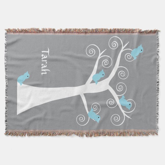 Whimsical White Spiral Tree with Blue Birds Grey  Throw Blanket (Front)