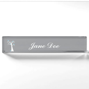 Whimsical White Spiral Tree with Blue Birds Nameplate
