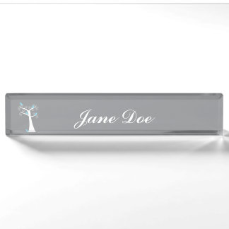 Whimsical White Spiral Tree with Blue Birds Nameplate