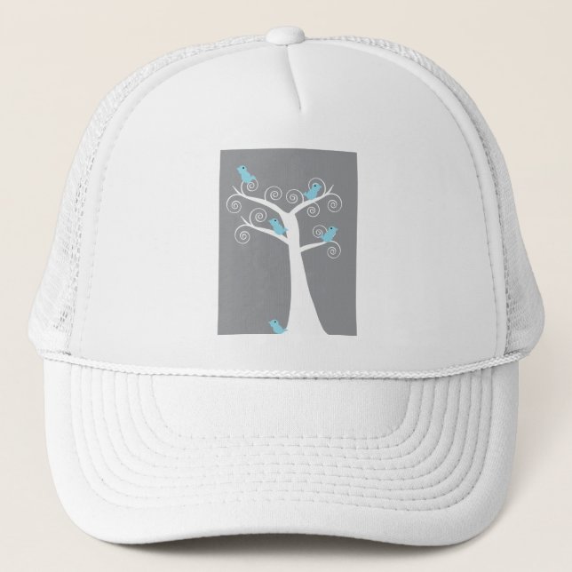 Whimsical White Spiral Tree with Blue Birds  Trucker Hat (Front)