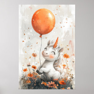 Whimsical White Unicorn in Orange Flower Field Ill Poster