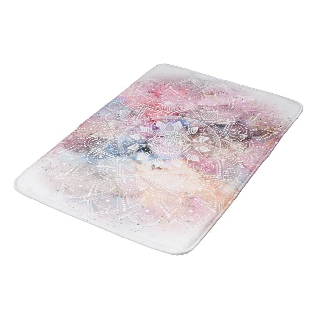 Whimsical white watercolor mandala design bath mat (Angled)