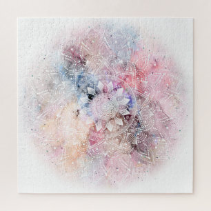 Whimsical white watercolor mandala design jigsaw puzzle
