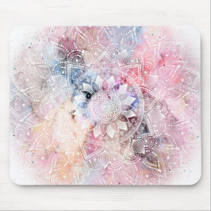 Whimsical white watercolor mandala design mouse mat