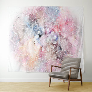 Whimsical white watercolor mandala design tapestry