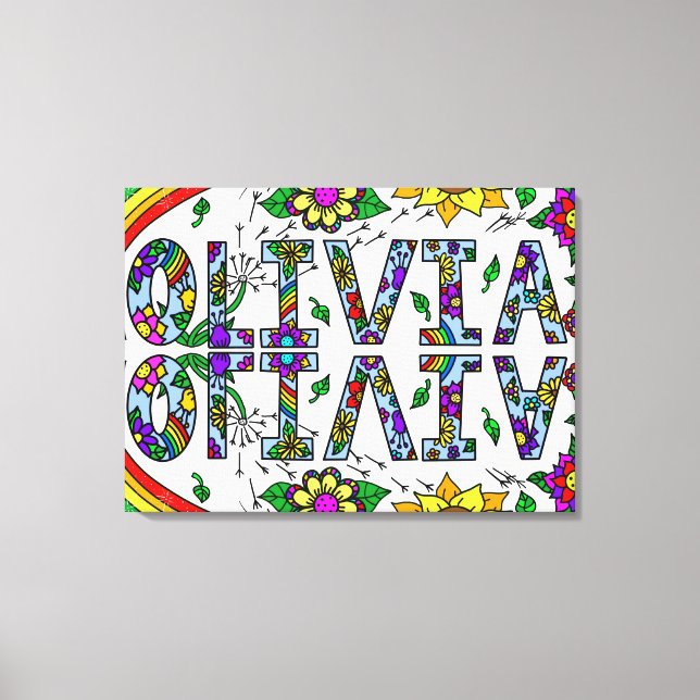 Whimsical Wild Flowers and Girl's Name Olivia Canvas Print (Front)