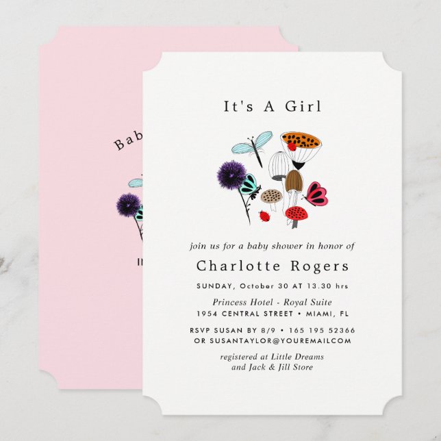 Whimsical Wild Flowers Ladybugs And Butterflies Invitation (Front/Back)