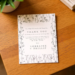 Whimsical wild flowers seamless pattern wedding thank you card