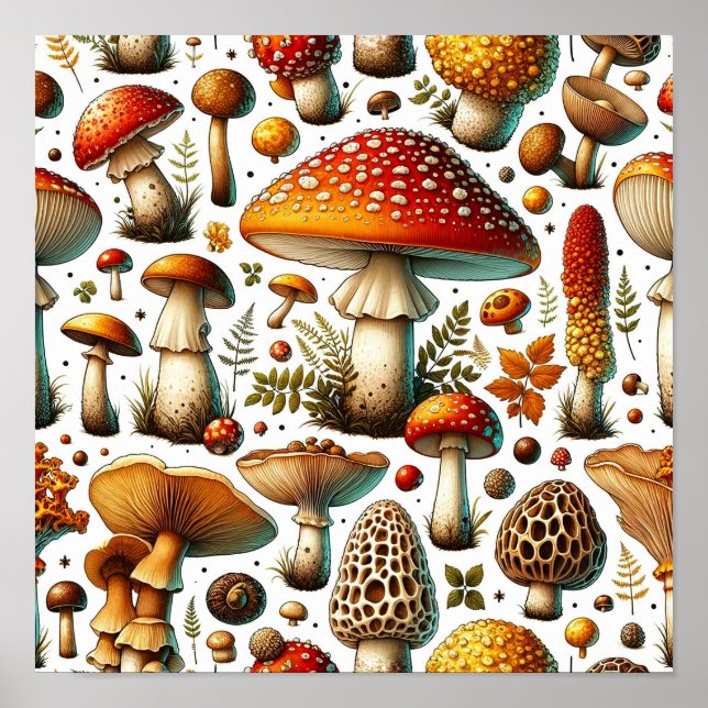 Whimsical Wild Mushrooms Poster (Front)