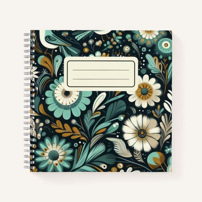  Whimsical Wildflower & Bird Notebook – Teal Dream (Front)