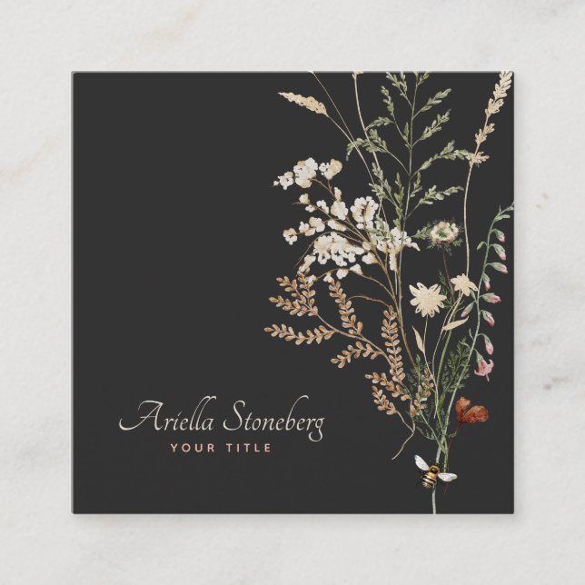 Whimsical Wildflower Blooms | Floral On Black Square Business Card (Front)