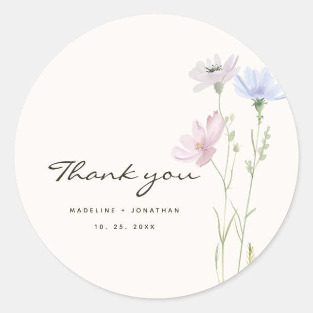 Whimsical Wildflower Boho Beige Wedding Classic Round Sticker (Front)