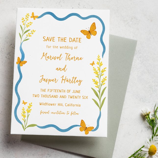 Whimsical Wildflower Butterfly Hand Drawn Wavy Save The Date (Creator Uploaded)