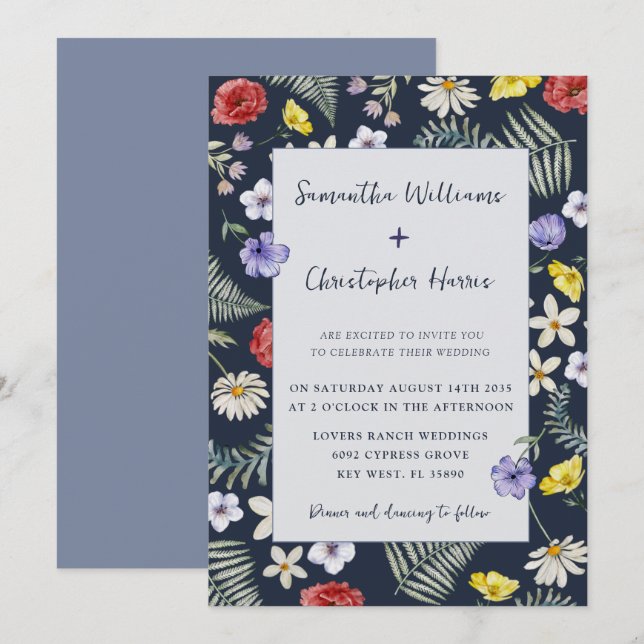 Whimsical Wildflower Dark Blue Wedding Invitation (Front/Back)