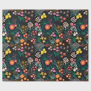 Whimsical Wildflower Dark Garden Folk Print Wrapping Paper