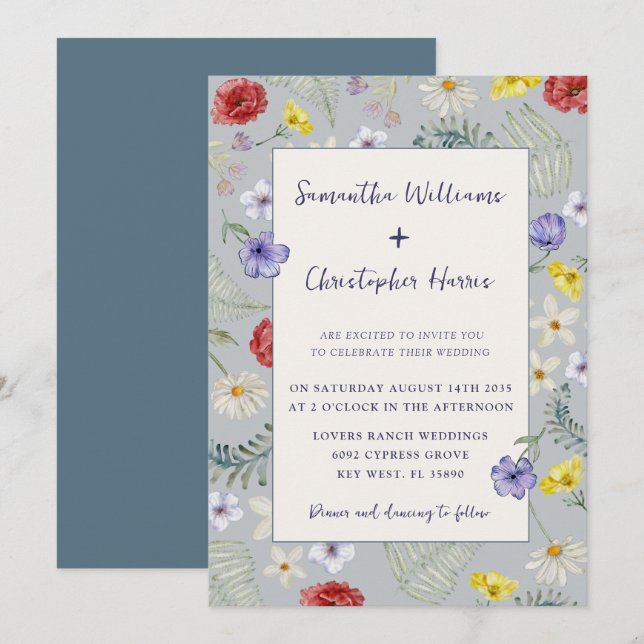 Whimsical Wildflower Dusty Blue Wedding Invitation (Front/Back)