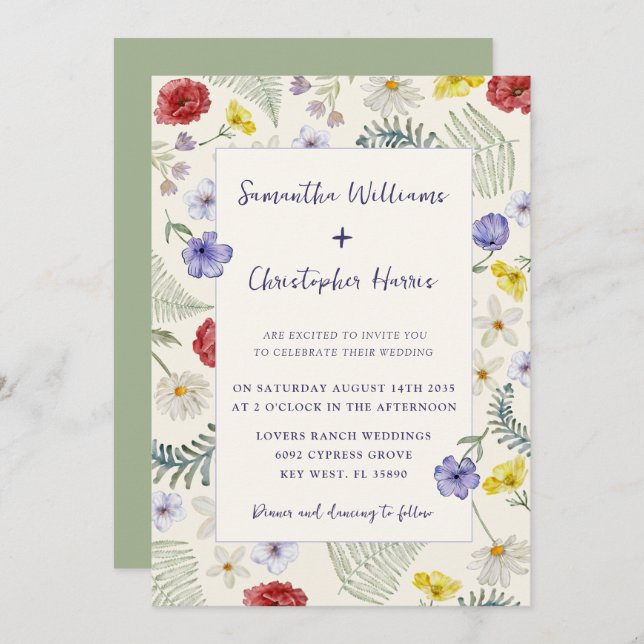 Whimsical Wildflower Ecru & Sage Wedding  Invitation (Front/Back)