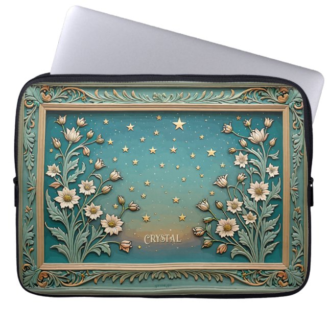 Whimsical Wildflower Evening Art Nouveau Teal Laptop Sleeve (Front)