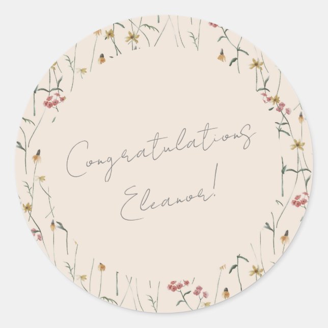 Whimsical Wildflower Floral Boho Congratulations  Classic Round Sticker (Front)