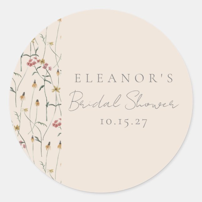 Whimsical Wildflower Floral Custom Bridal Shower Classic Round Sticker (Front)