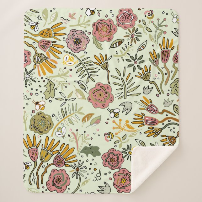 Whimsical Wildflower Garden & Bumblebee Pattern Sherpa Blanket (Front)