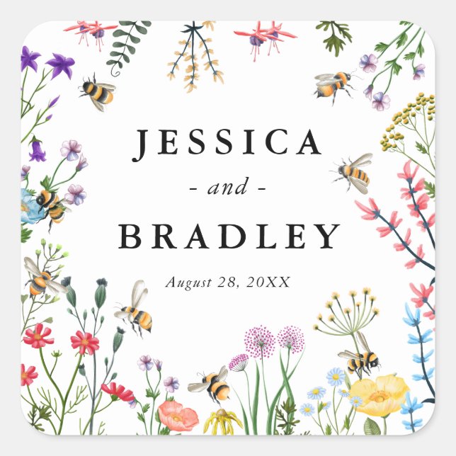 Whimsical Wildflower Garden Summer Boho Wedding Square Sticker (Front)