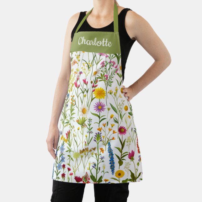 Whimsical Wildflower Green Apron (Insitu)