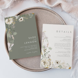Whimsical Wildflower Meadow Sage Green All In One  Invitation