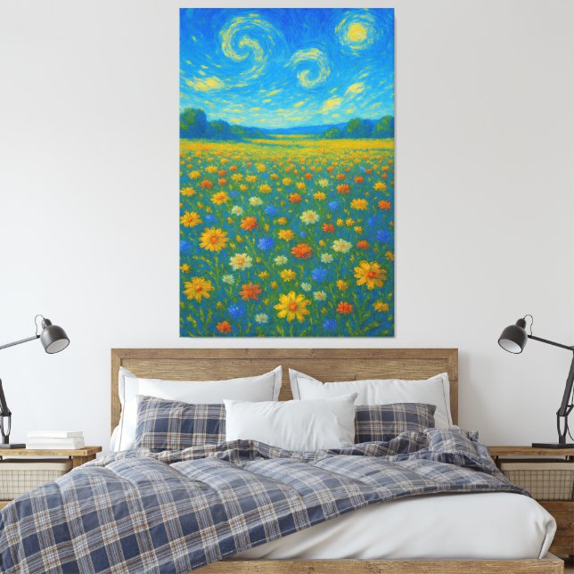 Whimsical Wildflower Meadow Under a Swirling Sky Canvas Print (Insitu(Bedroom))