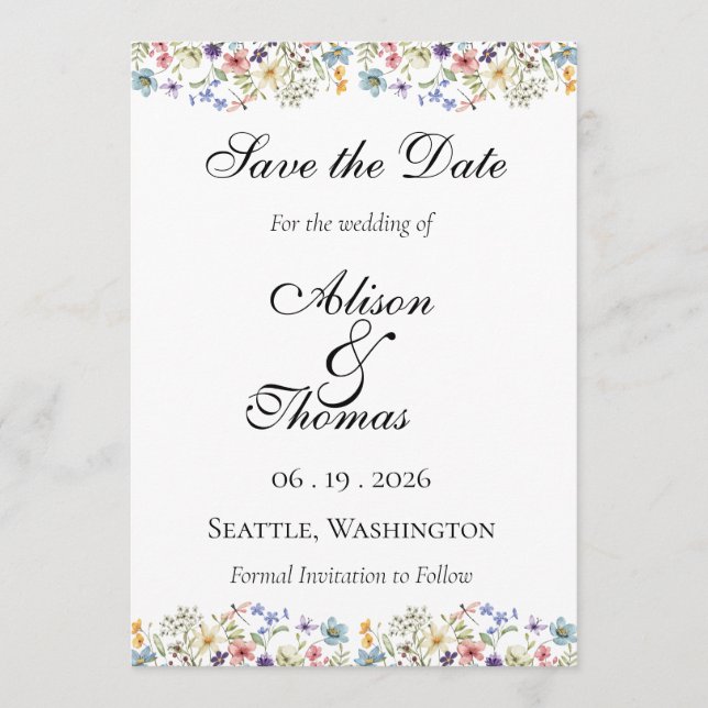 Whimsical Wildflower Meadow Wedding Save The Date (Front)