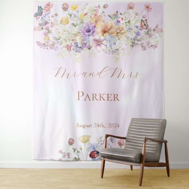 Whimsical Wildflower Pink Wedding Backdrop Tapestry (In Situ)