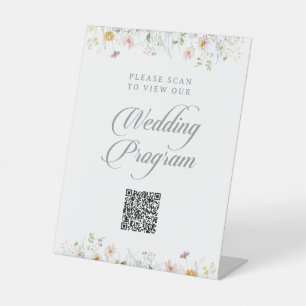 Whimsical Wildflower QR Code Wedding Program Pedestal Sign