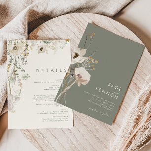 Whimsical Wildflower Sage Green All In One Wedding Invitation
