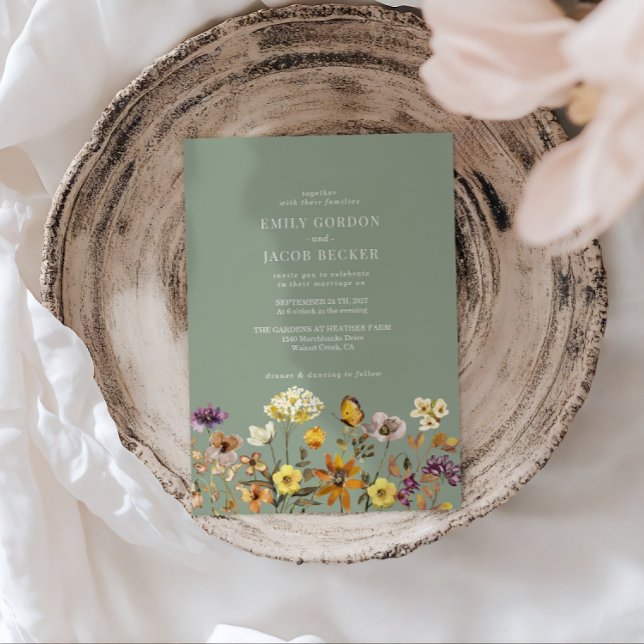 Whimsical Wildflower Sage Green Boho Wedding Invitation (Creator Uploaded)