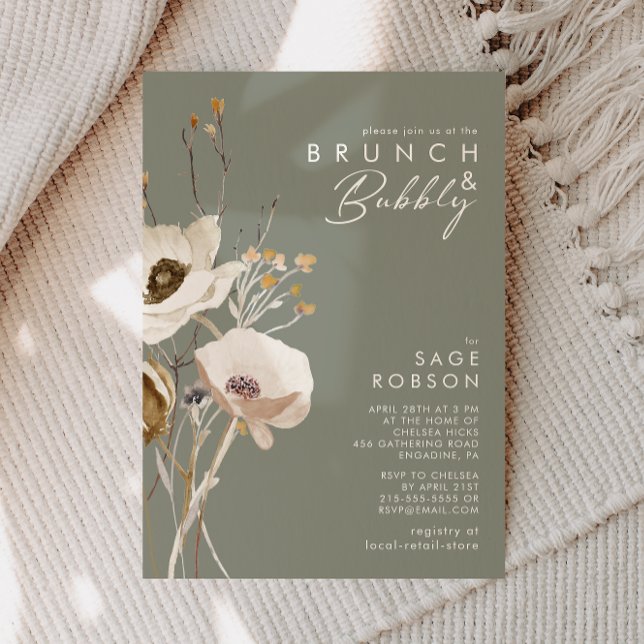 Whimsical Wildflower Sage Green Brunch and Bubbly Invitation (Creator Uploaded)