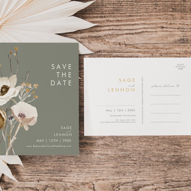 Whimsical Wildflower Sage Green Save the Date Invitation Postcard (Creator Uploaded)