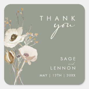 Whimsical Wildflower Sage Green Thank You Sticker