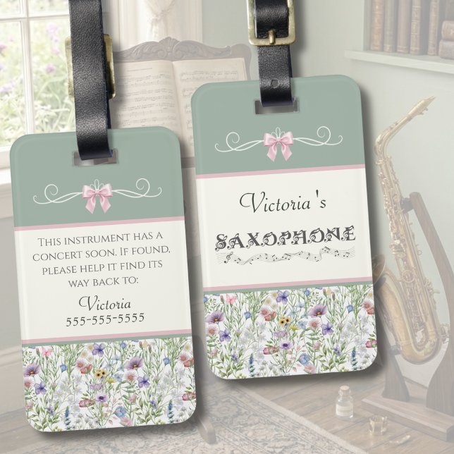 Whimsical Wildflower Saxophone Instrument Case Tag (Front and Back View of a Personalized Saxophone Case Tag in a Music Room)